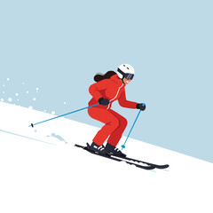 Skiing woman in red outfit with poles in flat vector art style