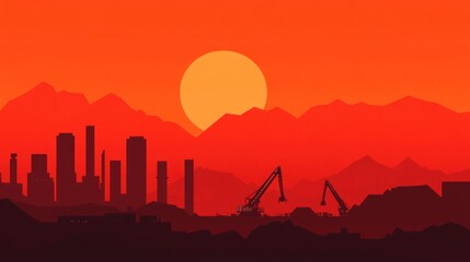 Vibrant Sunset Over Silhouetted Cityscape with Mountains and Construction Equipment