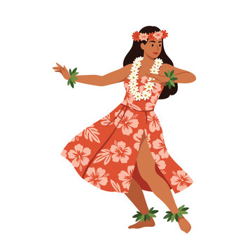 Hawaiian dancer performing traditional hula in vibrant floral attire flat vector illustration