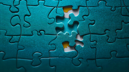 Close to Completion: Teal Jigsaw Puzzle with One Piece Missing, Emphasizing Challenge and Strategy