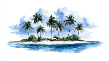 Tropical Island Paradise with Palm Trees, Sandy Beach, and Clear Blue Water
