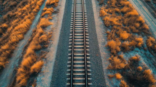 Aerial view of railway tracks cutting through autumn landscape with golden foliage