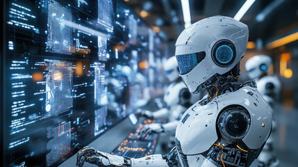 Fototapeta premium A group of futuristic robots working together in an advanced data center