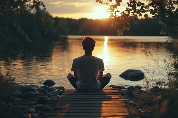 A young man sits on the shore of a lake, enjoying the sunset while gazing at the water. This scene evokes a sense of meditation and contemplation