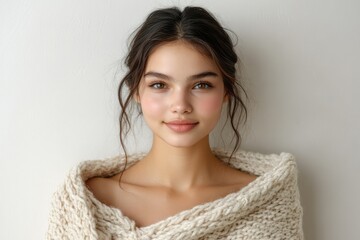 Young woman with brown hair draped in a knitted shawl