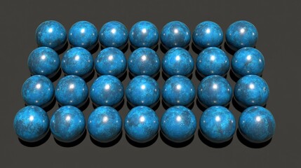 A grid of glossy, teal-colored spheres.  Organized perfectly in rows and columns