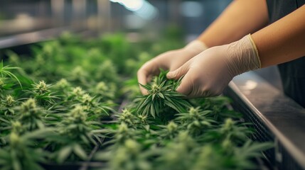 In a state-of-the-art cannabis processing facility, skilled hands carefully inspect lush green plants, ensuring healthy growth and quality in a nurturing environment designed for cultivation