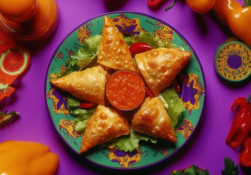 Delicious Samosas on Colorful Plate Surrounded by Fresh Vegetables and Dipping Sauce, Perfect for Food Lovers and Culinary Enthusiasts