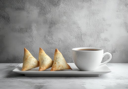 Delicious Samosas on Plate Surrounded by Coffee in Minimalist Kitchen Setting with Gray Background and Cozy Atmosphere