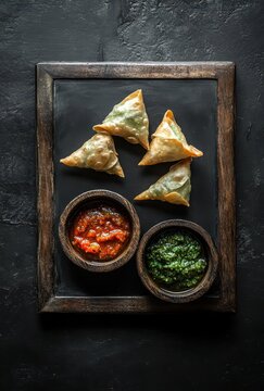 Delicious Samosas Served with Fresh Dipping Sauces in Rustic Bowls on a Dark Background for Food Photography and Culinary Presentations
