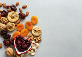 Obraz premium Assorted dried fruits and nuts arranged in a heart-shaped bowl