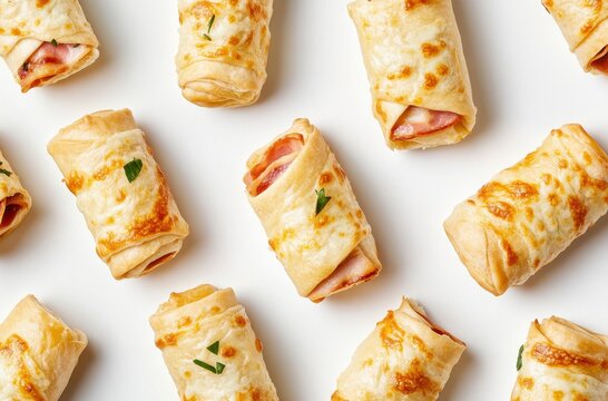 Delicious Savory Cheese Rolls Filled with Ham and Baked to Golden Perfection on a Light Background
