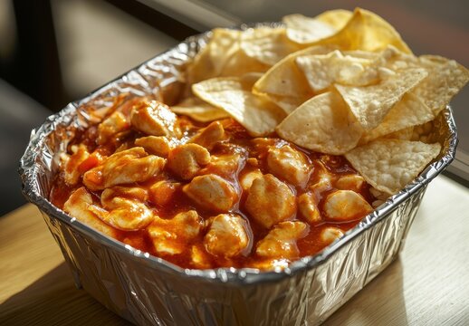 Delicious savory chicken dish served with crispy tortilla chips in a foil tray, perfect for gatherings, parties, or casual dining experiences.
