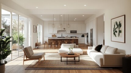 Fototapeta premium Bright and airy open-concept living and dining space featuring stylish furnishings, warm wooden flooring, and tasteful decorative accents.