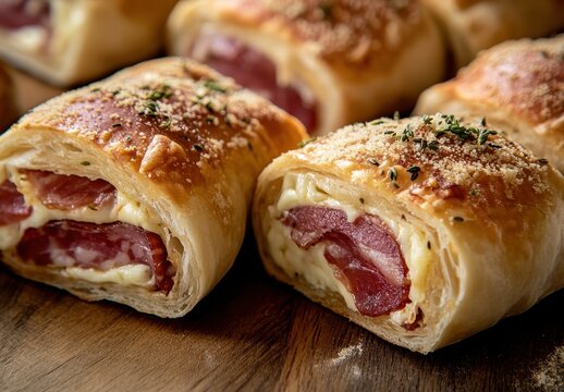 Delicious savory pastry rolls filled with ham and cheese on a wooden surface ready to serve for a gourmet snack or appetizer