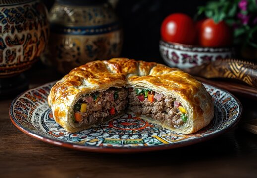 Delicious savory pastry with meat filling and colorful vegetables on decorative plate surrounded by elegant pottery and fresh tomatoes