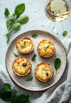 Delicious Savory Tarts with Creamy Cheese Filling and Fresh Basil Leaves Served on a White Plate Alongside a Glass of White Wine