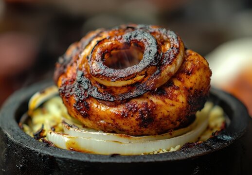 Delicious Spicy Chicken Dish with Grilled Onions on a Cast Iron Plate Surrounded by Smoke and Favorable Aromas