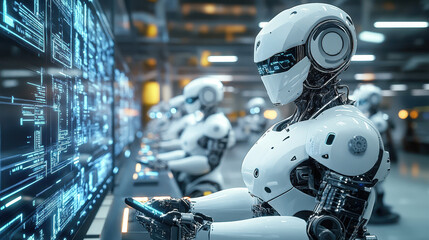 Fototapeta premium A group of futuristic robots working together in an advanced data center