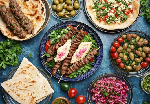 Delicious spread of Mediterranean dishes featuring skewered meats, fresh vegetables, dips, olives, and traditional breads on a vibrant blue background