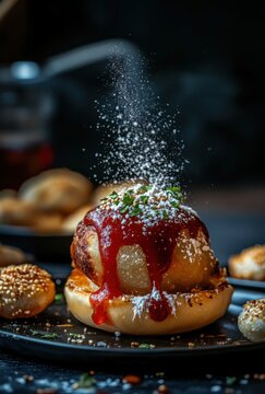 Delicious Sweet and Savory Dessert with Drizzled Sauce and Sprinkled Powder Against Dark Background for Culinary Inspiration and Food Photography