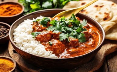 Delicious traditional curry dish served with fluffy basmati rice and garnished with fresh cilantro, complemented by naan bread on rustic wooden surface