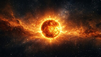 Obraz premium Stunning Close-Up Image of a Fiery Sun Surrounded by Expansive Cosmic Space and Glowing Stars