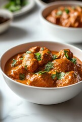 Delicious vegetarian dish featuring soft dumplings in rich, creamy tomato sauce garnished with fresh cilantro served in a white bowl on a marble surface