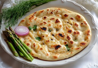 Deliciously Baked Flatbread Garnished with Fresh Herbs and Accompanied by Asparagus and Sliced Onion on a Elegant Plate