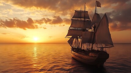 Obraz premium Sailboat at sunset on the open sea