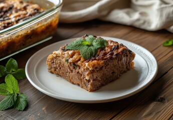Deliciously baked meatloaf served on a white plate garnished with fresh mint leaves, showcasing a comforting home-cooked meal on a rustic wooden table