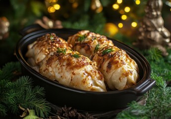 Deliciously Baked Stuffed Cabbage Rolls in a Black Serving Dish Surrounded by Greenery and Holiday Lights