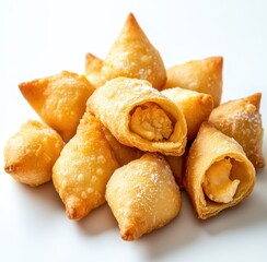 Deliciously Crisp Golden Pastries Filled with Creamy Sweet Filling on a White Background for Culinary Inspiration and Mouthwatering Delights
