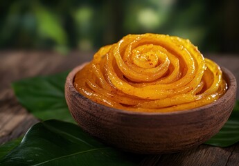 Deliciously Crafted Golden Mango Puree Formed into a Beautiful Rose Shape in a Rustic Bowl Surrounded by Greenery and Natural Elements