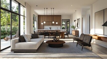 Fototapeta premium Modern open-concept living and dining space with large windows, chic decor, and a harmonious blend of textures and materials.
