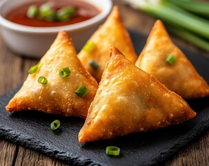 Deliciously Crisp Golden Samosas Served on Slate Plate with Green Onions and Tangy Sauce in Background Ready for Tasting and Enjoyment