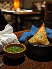 Deliciously Crisp Samosa Served with Fresh Green Chutney on a Wooden Table in a Cozy Restaurant Setting