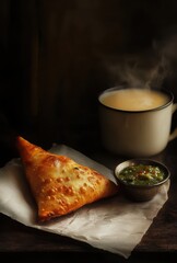 Deliciously Crisp Samosa with Fresh Green Chutney and Steaming Cup of Tea on Rustic Wooden Table Background