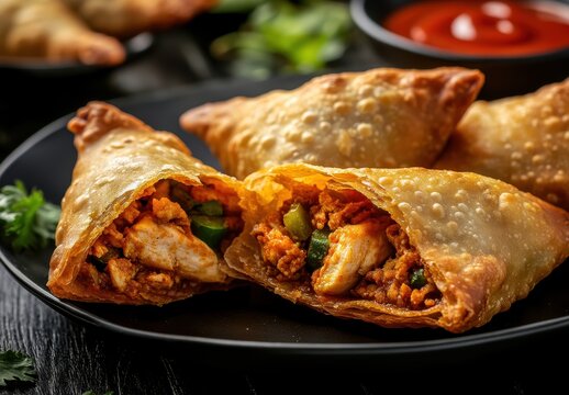Deliciously Crispy Chicken Samosas with Colorful Filling Served on Black Plate Surrounded by Fresh Herbs and Tangy Sauce