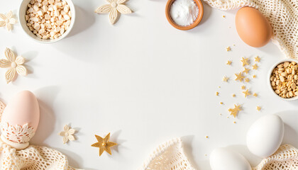 Easter-themed composition with eggs, flowers, and golden decor