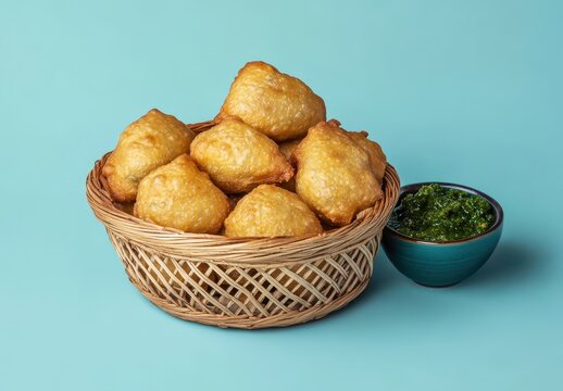 Deliciously Crispy Golden Fried Dumplings Served in a Woven Basket with Green Chutney Against a Soft Blue Background