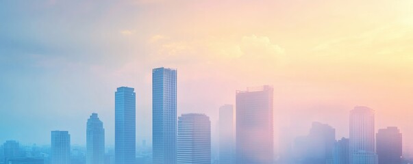 Fototapeta premium Several high rise modern buildings silhouetted against a pastel sky