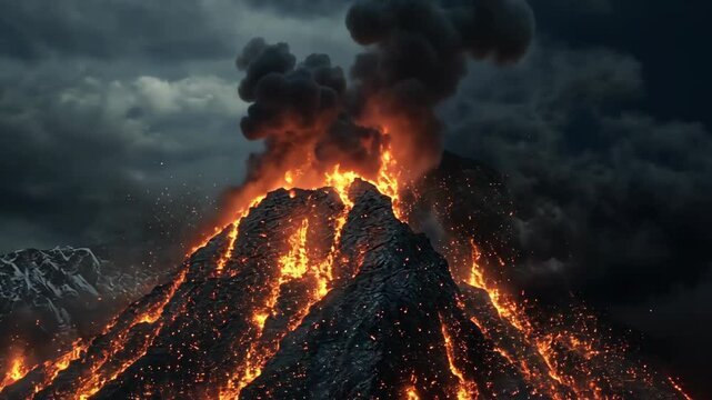 erupting volcano with lava and smoke burst around