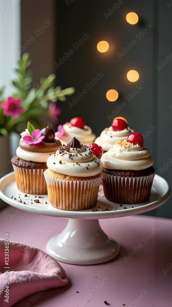 Poster a white cake stand with five cupcakes on it. the cupcakes are decorated with frosting and cherries