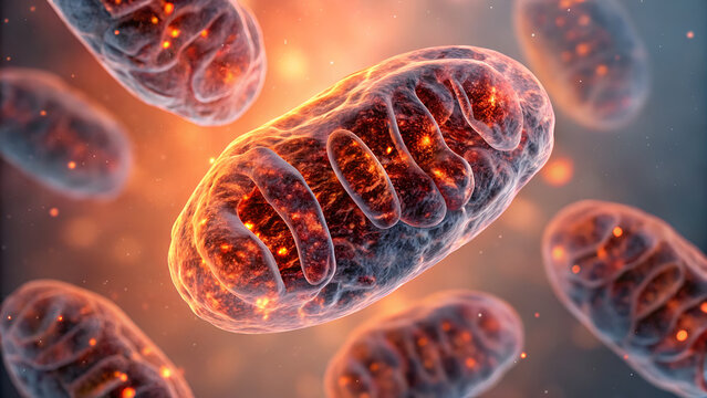 intermittent fasting metabolism ketosis Microscopic view of mitochondria glowing in vibrant colors, representing cellular energy.