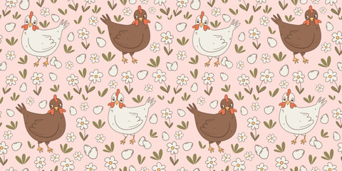 cute hand drawn horizontal cartoon hen and easter eggs in the meadow with daisy flowers seamless vector pattern background illustration