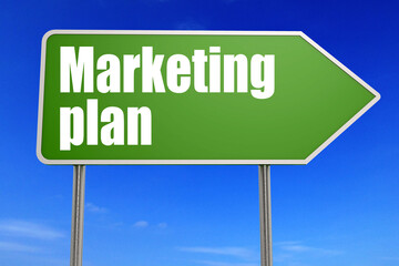 Marketing plan word with green road sign