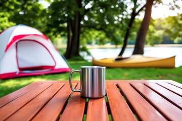 Fototapeta premium metallic mug rests on a wooden picnic table in a campsite near a lake