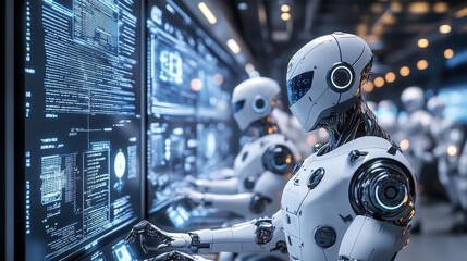 A group of futuristic robots working together in an advanced data center
