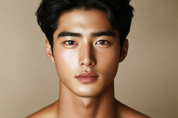 Attractive young asian man with dark hair gazes intently